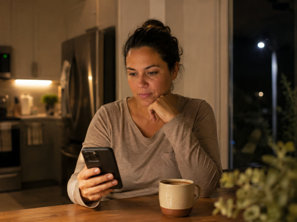 Dona de empresa de limpeza sentada à mesa da cozinha à noite, lendo algo no celular com expressão concentrada.