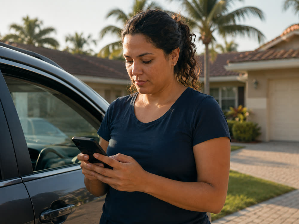 Dona brasileira de empresa de limpeza ao lado do carro, na entrada de uma casa na Flórida, olhando o celular.