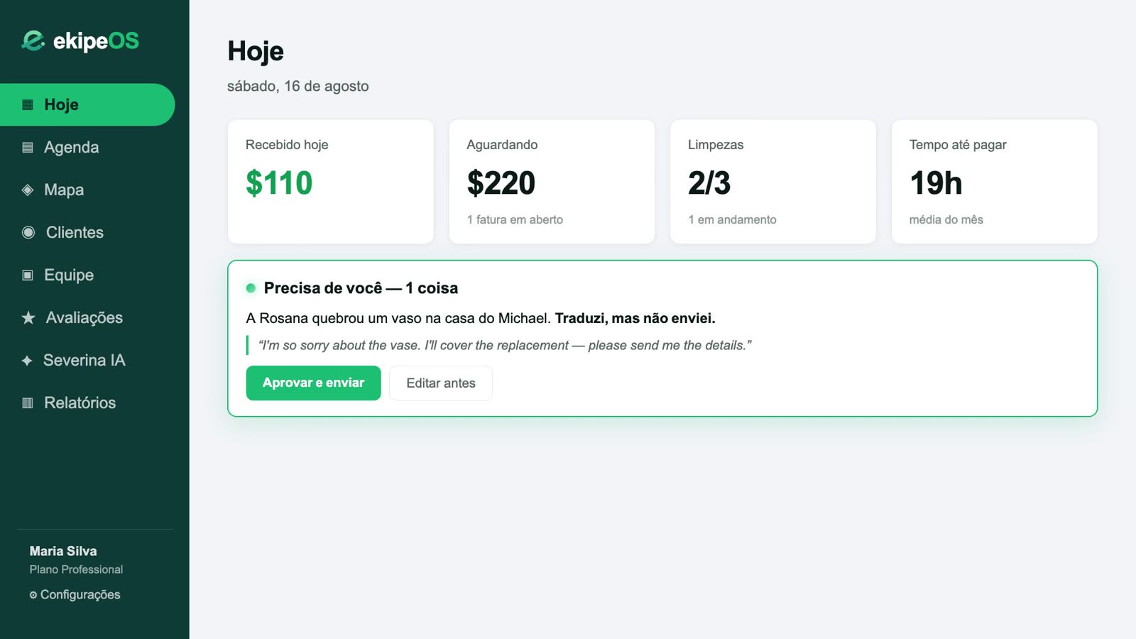Aba Hoje do painel: recebido no dia, aguardando, limpezas concluídas e o card Precisa de você, com uma mensagem em inglês pronta para aprovar.