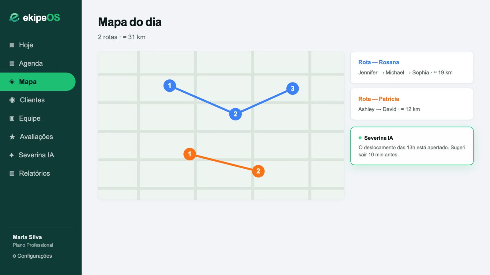Mapa do dia do EkipeOS com duas rotas desenhadas e o alerta da Severina IA sobre um deslocamento apertado.