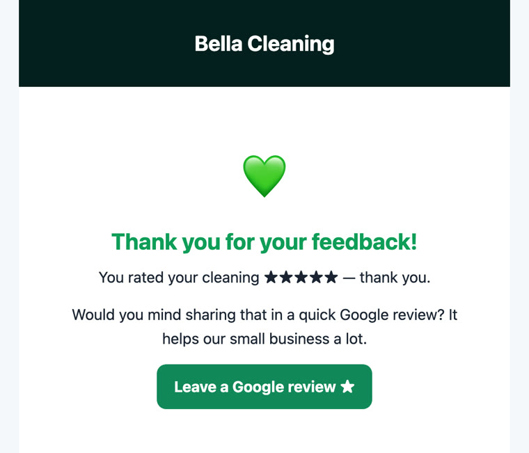 Tela de agradecimento depois do pagamento, com o convite para deixar uma avaliação no Google.